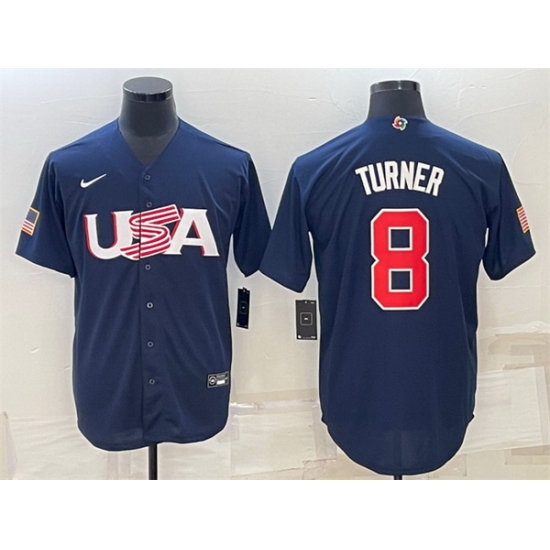 Men USA Baseball 8 Trea Turner 2023 Navy World Baseball Classic Replica Stitched Jersey